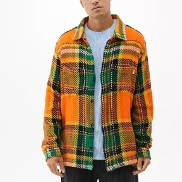 {Urban Outfitters} Exploded Twill Work Overshirt Plaid Green +Orange Small - Picture 1 of 7